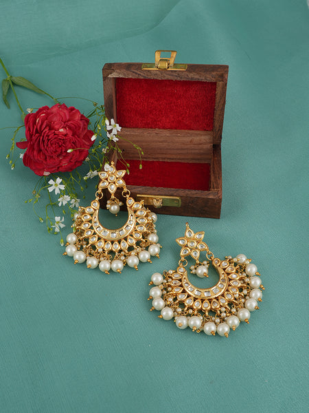 Gold Finish Chandbaali Earrings with White Pearls