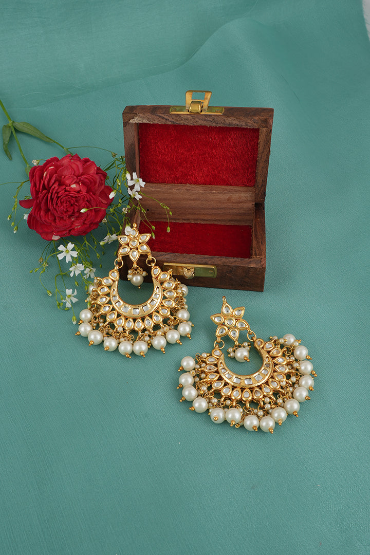 Gold Finish Chandbaali Earrings with White Pearls