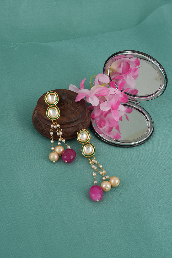 Gold Finish Danglers With Pink & White Pearls