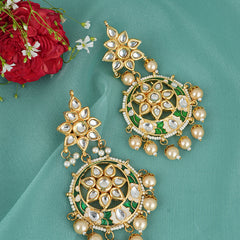 Gold Plated Green Danglers with White Pearls