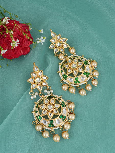 Gold Plated Green Danglers with White Pearls