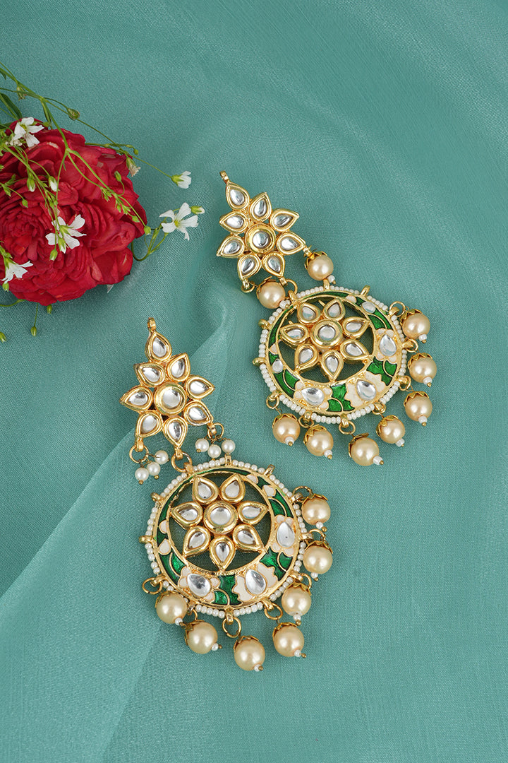 Gold Plated Green Danglers with White Pearls