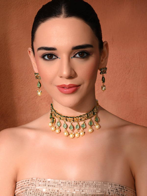 Green Traditional Gold Choker Set
