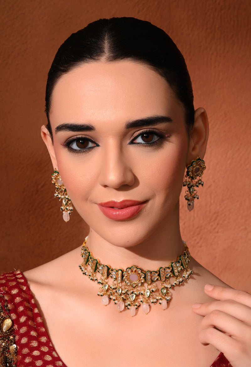 Pink Kundan Polki Designer Choker Set