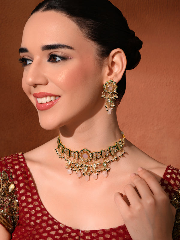 Pink Kundan Polki Designer Choker Set