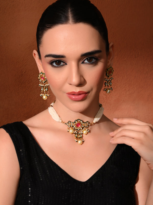 Pink Kundan Polki Gold-Plated Choker Set with Earrings