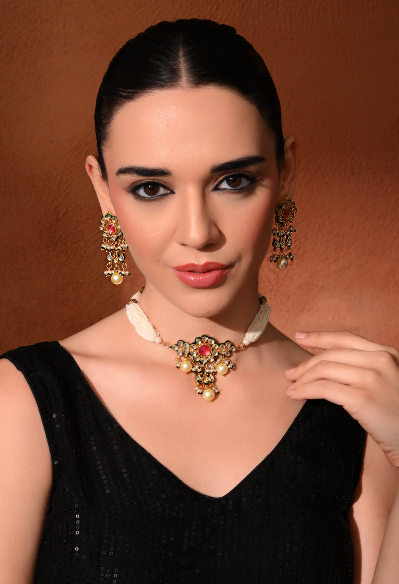 Pink Kundan Polki Gold-Plated Choker Set with Earrings