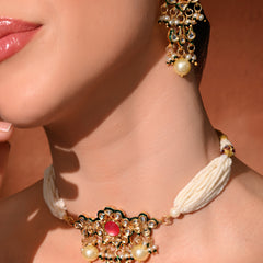 Pink Kundan Polki Gold-Plated Choker Set with Earrings
