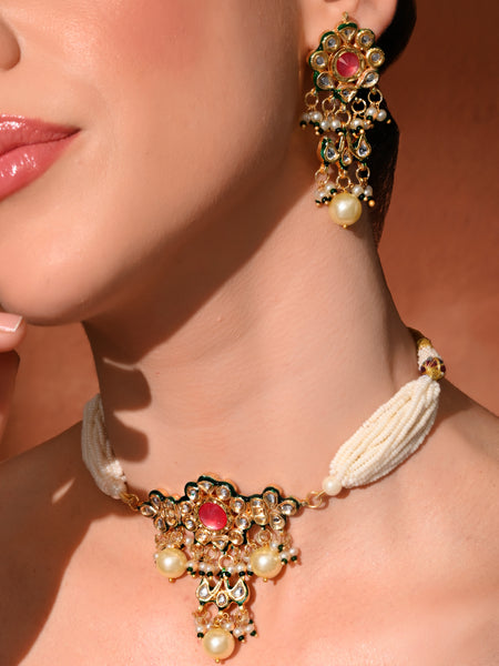 Pink Kundan Polki Gold-Plated Choker Set with Earrings