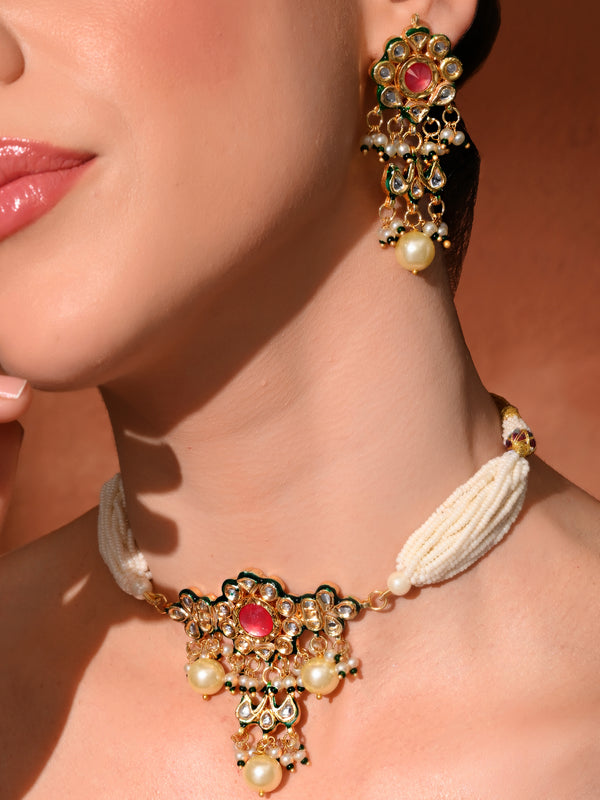 Pink Kundan Polki Gold-Plated Choker Set with Earrings