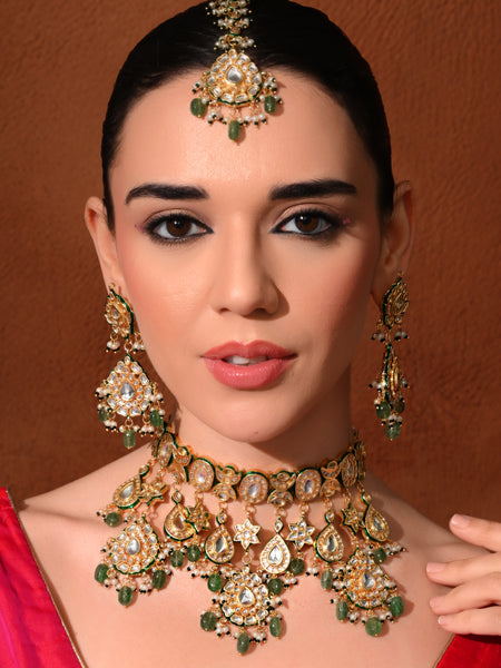 Bridal Green Kundan Polki Choker Set (4 Pc)