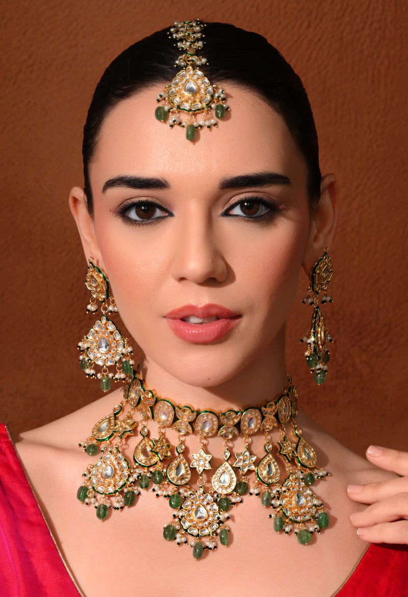 Bridal Green Kundan Polki Choker Set (4 Pc)