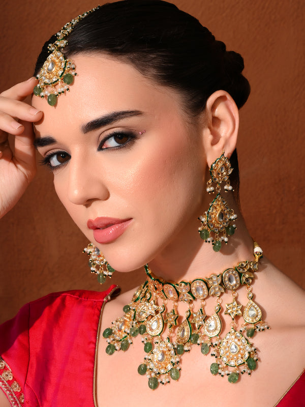 Bridal Green Kundan Polki Choker Set (4 Pc)
