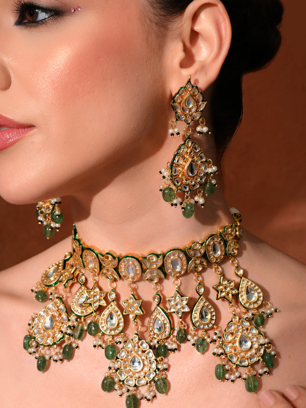 Bridal Green Kundan Polki Choker Set (4 Pc)
