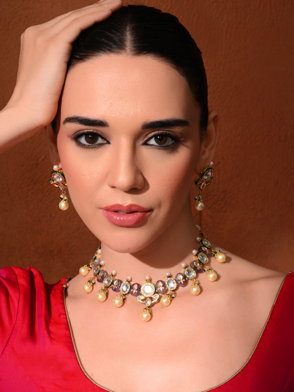 Purple Kundan Polki Ethnic Necklace Set