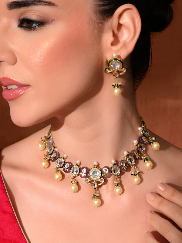 Purple Kundan Polki Ethnic Necklace Set