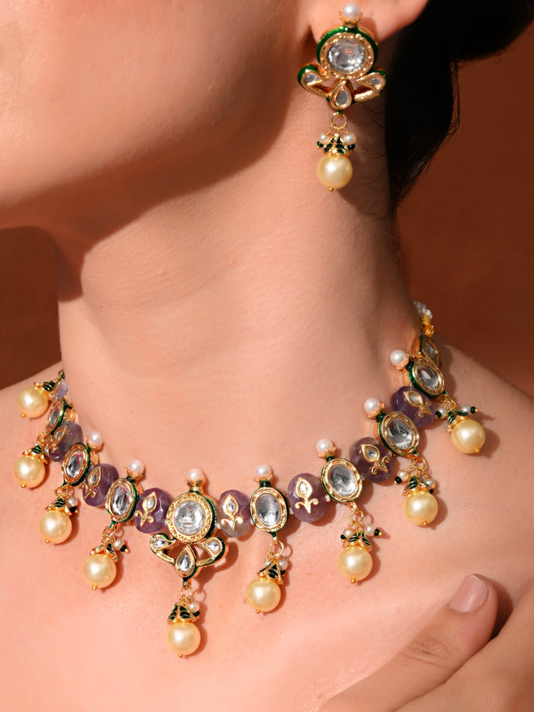 Purple Kundan Polki Ethnic Necklace Set