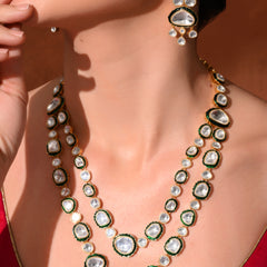 Green Long Bridal Necklace Set with Mangtika