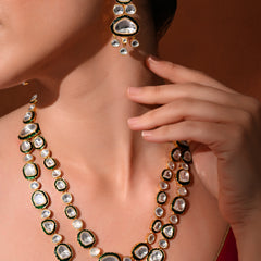 Green Long Bridal Necklace Set with Mangtika