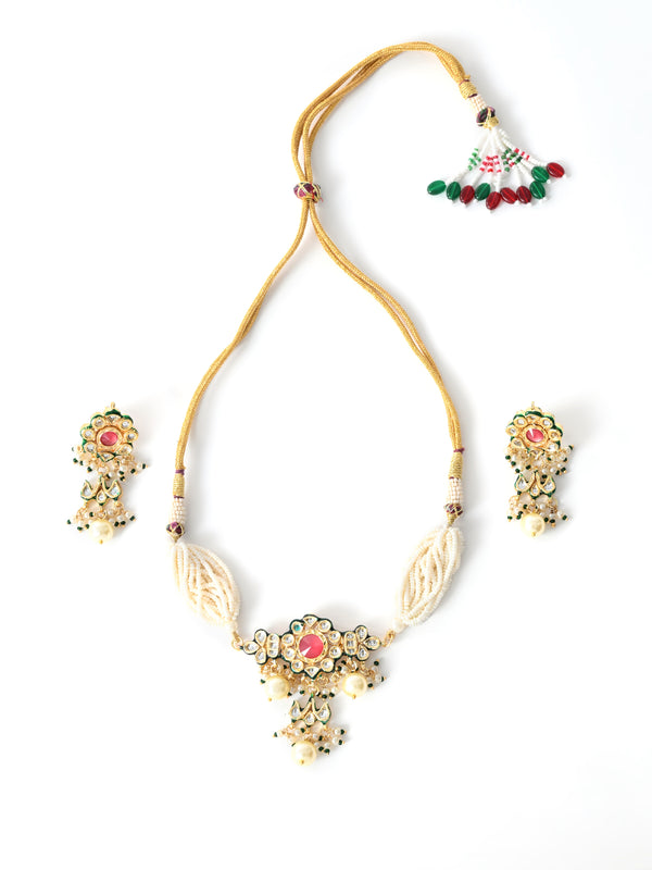 Pink Kundan Polki Gold-Plated Choker Set with Earrings