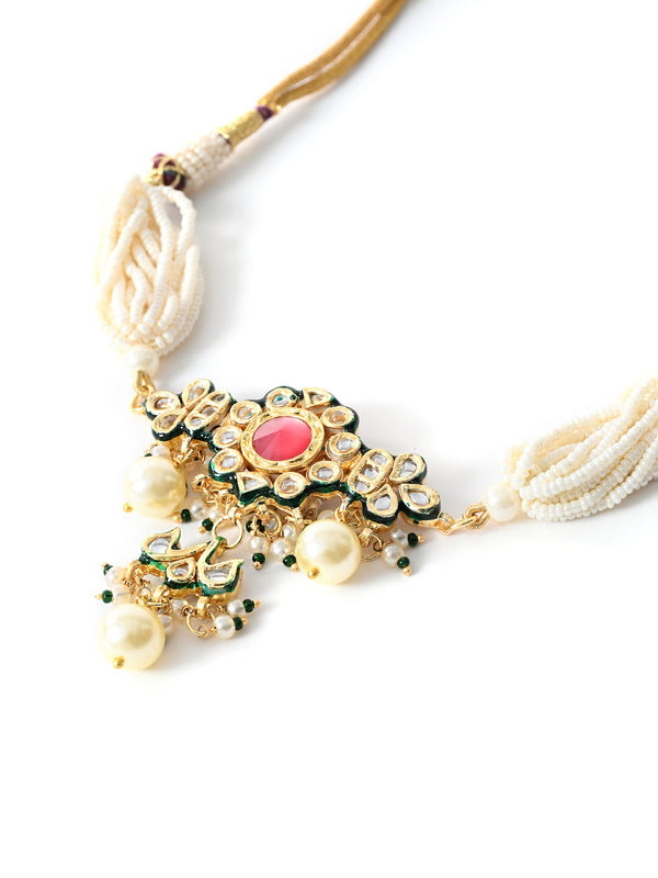 Pink Kundan Polki Gold-Plated Choker Set with Earrings