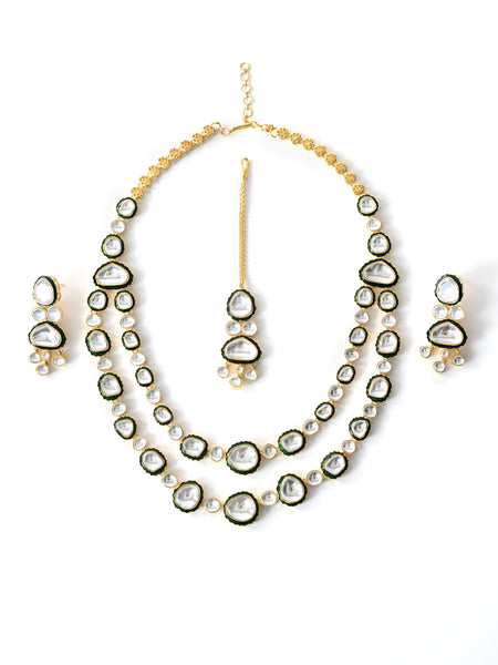Green Long Bridal Necklace Set with Mangtika