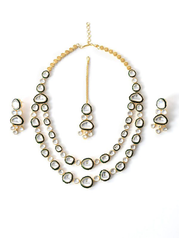 Green Long Bridal Necklace Set with Mangtika
