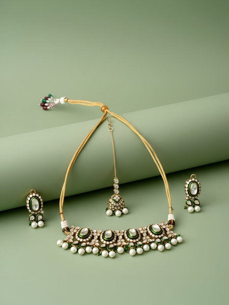 Green Bridal Choker Set with Mangtika