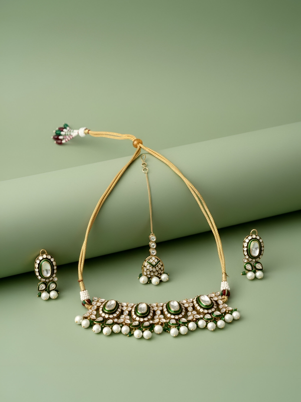 Green Bridal Choker Set with Mangtika
