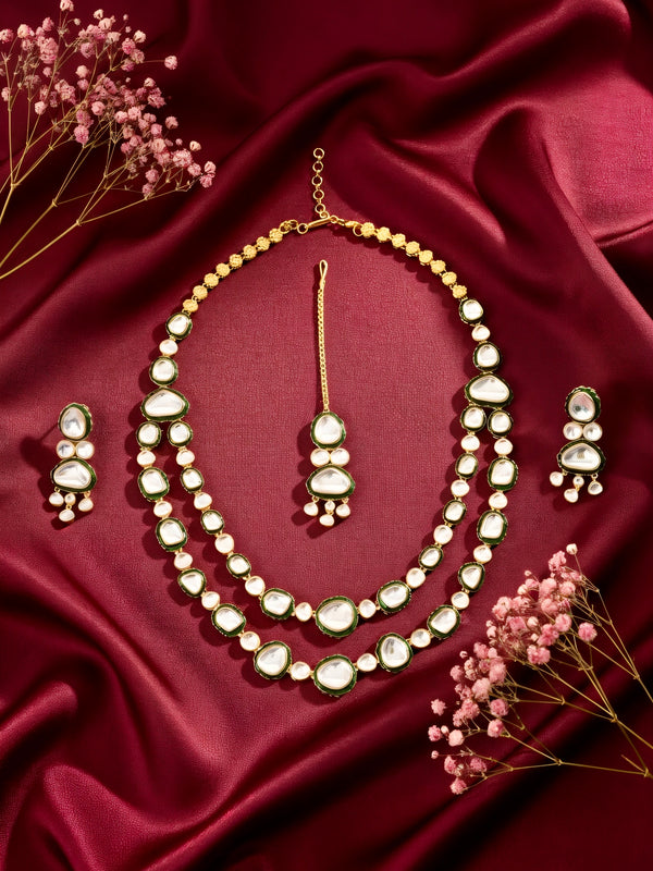 Green Long Bridal Necklace Set with Mangtika