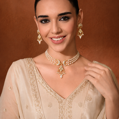 Gold Plated White Pearl Choker Set with finished Pearl