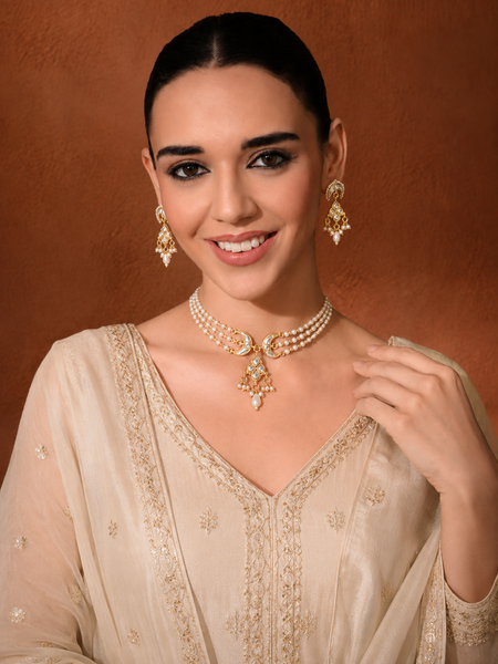 Gold Plated White Pearl Choker Set with finished Pearl