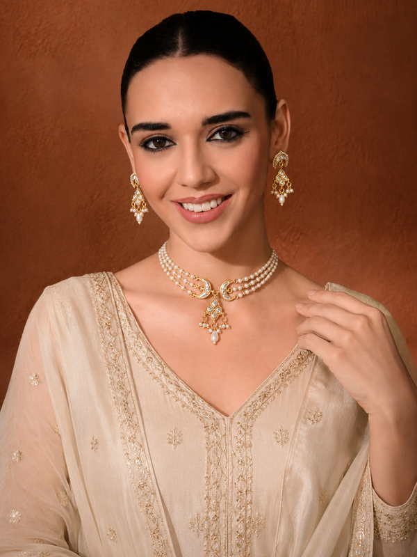 Gold Plated White Pearl Choker Set with finished Pearl