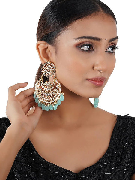 Gold Finish Dangler Chandbali Earrings With Kundan Polki