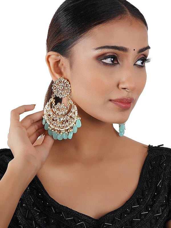 Gold Finish Dangler Chandbali Earrings With Kundan Polki