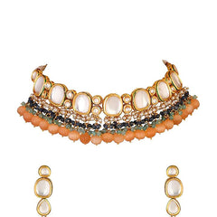 Gold Finish Choker Necklace Set With Kundans