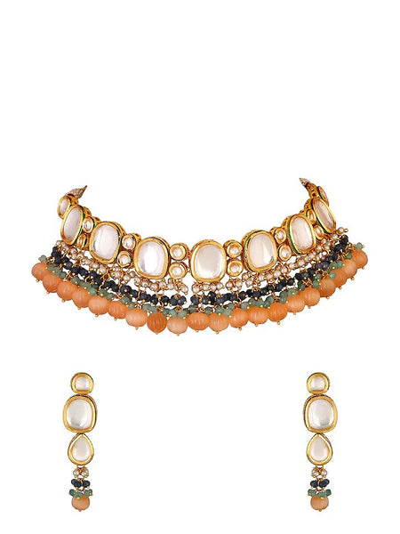 Gold Finish Choker Necklace Set With Kundans