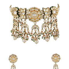 Gold Finish Kundan Polki & Pearl Choker Necklace Set