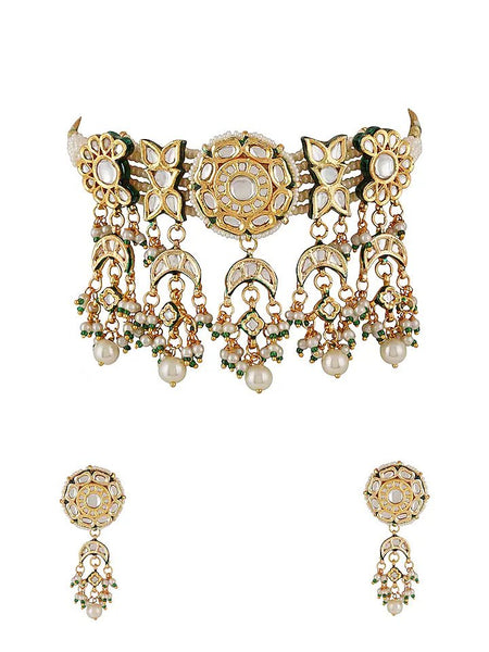 Gold Finish Kundan Polki & Pearl Choker Necklace Set