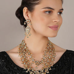 Gold Finish Kundan Polki & Pearl Long Necklace Set