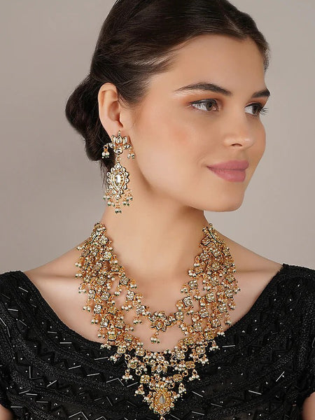 Gold Finish Kundan Polki & Pearl Long Necklace Set