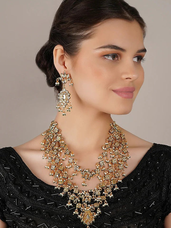 Gold Finish Kundan Polki & Pearl Long Necklace Set