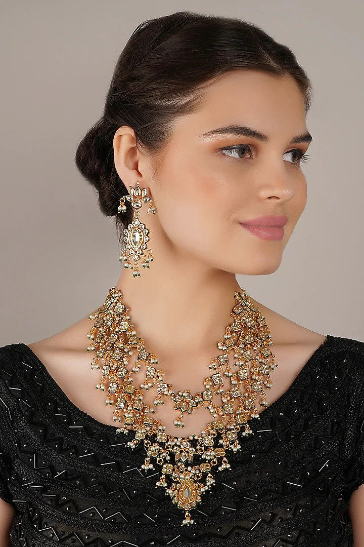 Gold Finish Kundan Polki & Pearl Long Necklace Set