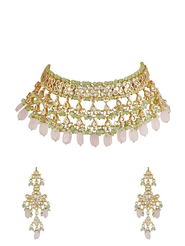 Gold Finish Kundan Polki Choker Necklace Set