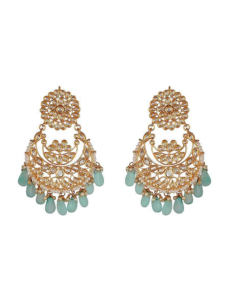 Gold Finish Dangler Chandbali Earrings With Kundan Polki