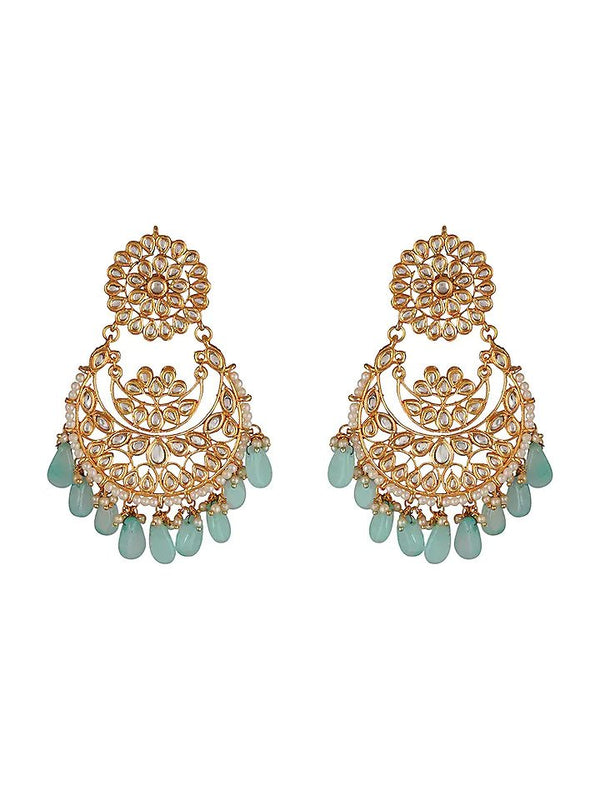 Gold Finish Dangler Chandbali Earrings With Kundan Polki