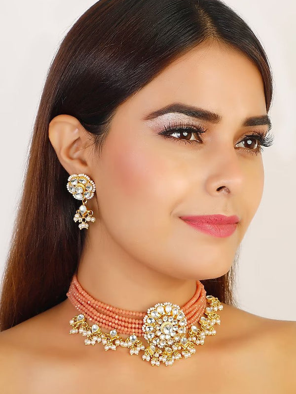 Gold Finish Beaded Kundan Choker Set