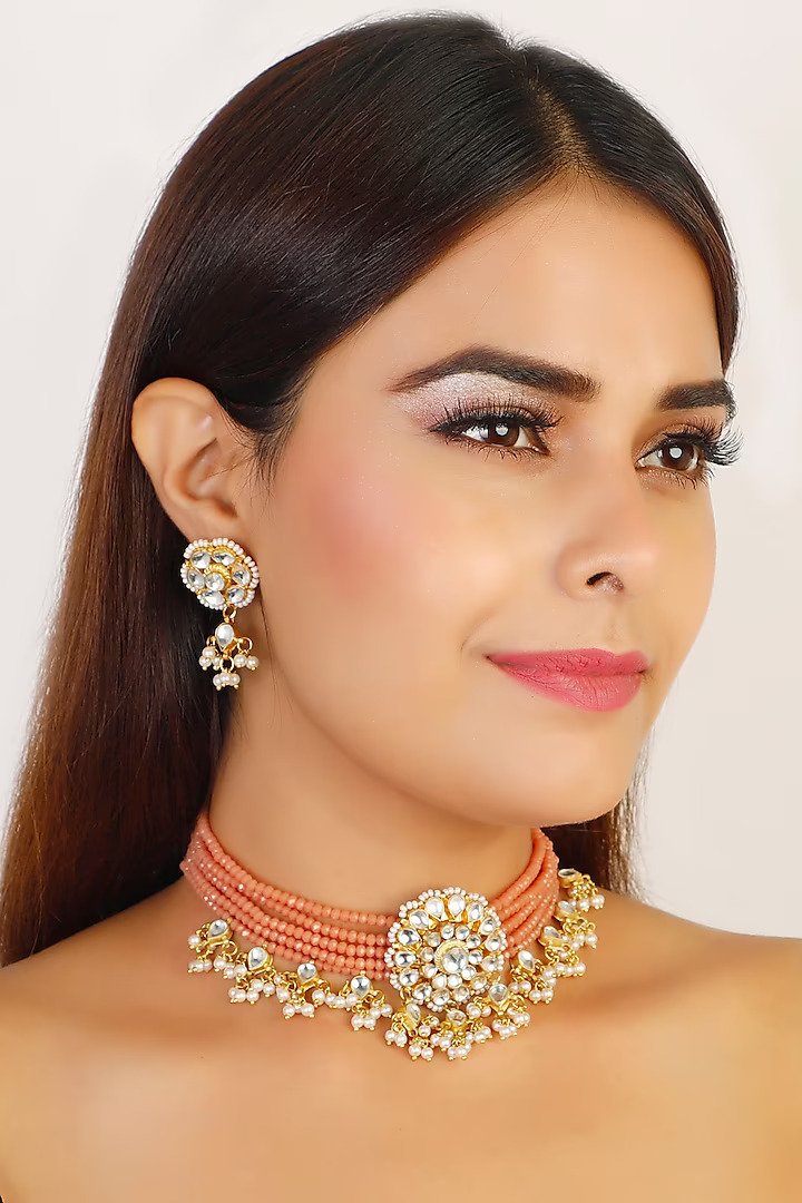 Gold Finish Beaded Kundan Choker Set