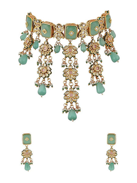Gold Finish Kundan Polki & Turquoise Stone Choker Necklace Set