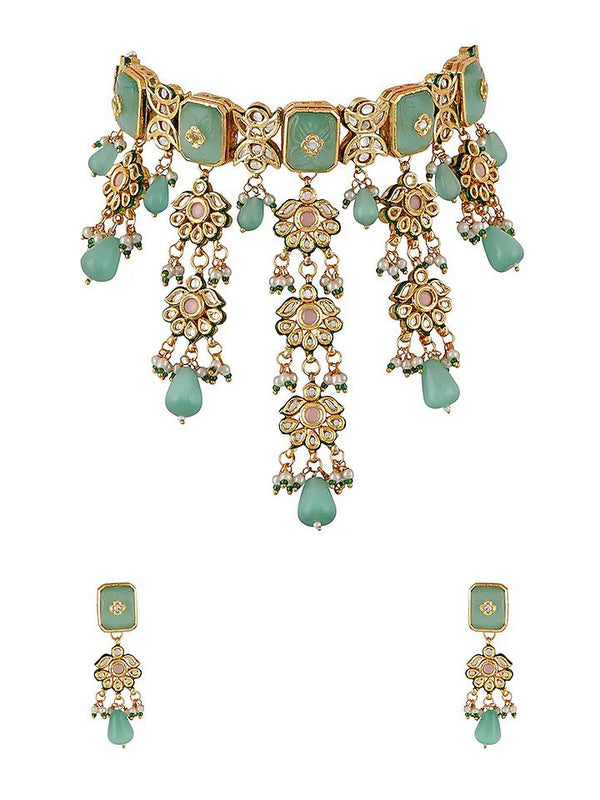 Gold Finish Kundan Polki & Turquoise Stone Choker Necklace Set